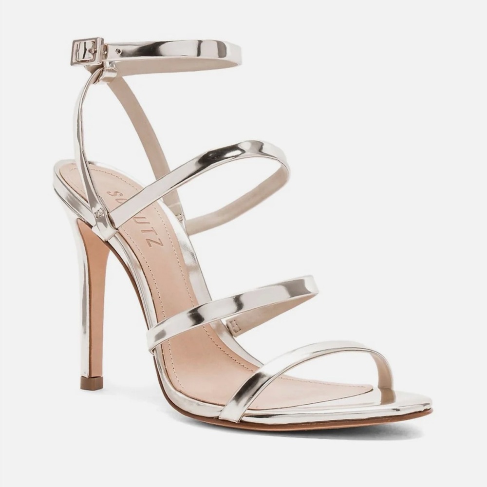 SCHUTZ Silver Stiletto Heels with Strappy Design
